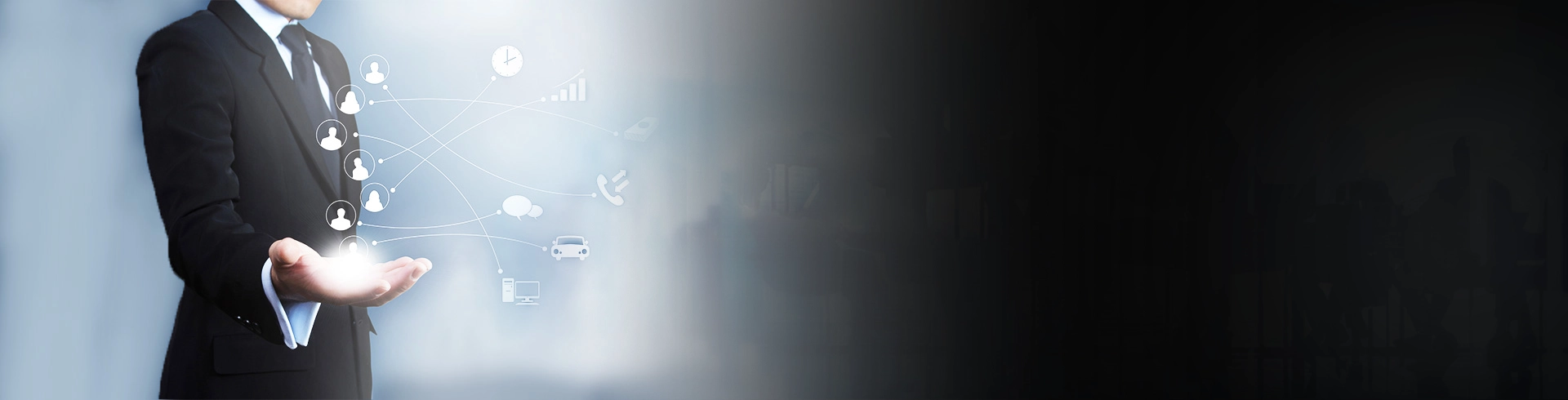 a banner image showing an open hand with connected icons like users, cars, mobiles, and a globe, representing global connectivity and solutions.