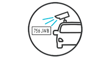 an icon of a half car with a camera on top and a number plate on the side, representing optical character recognition for anpr.