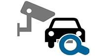an icon of a car with a magnifying glass on the license plate and a camera on the side, representing plate localization for anpr systems.