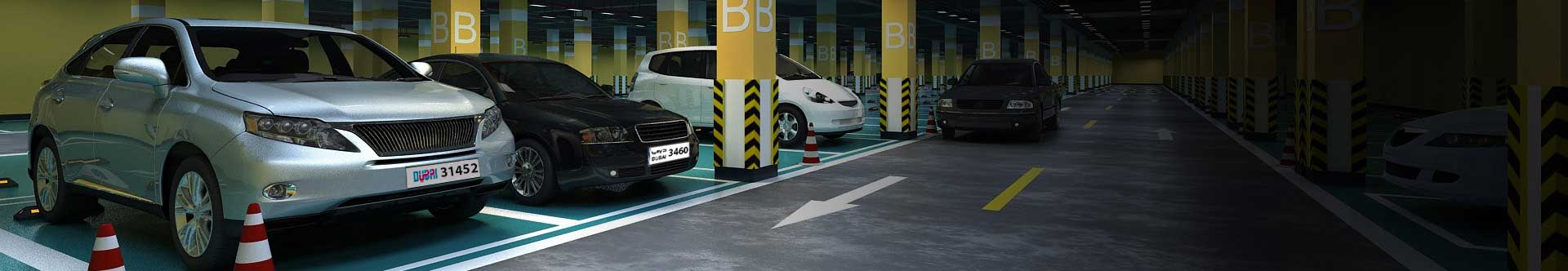 banner image of an underground parking zone with multiple cars parked and one car leaving, showcasing anpr access control for parking management.