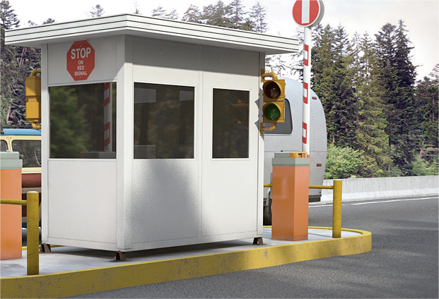 image of a toll booth at a mall used to collect payment and open the barrier for vehicle access, showcasing automated traffic control.