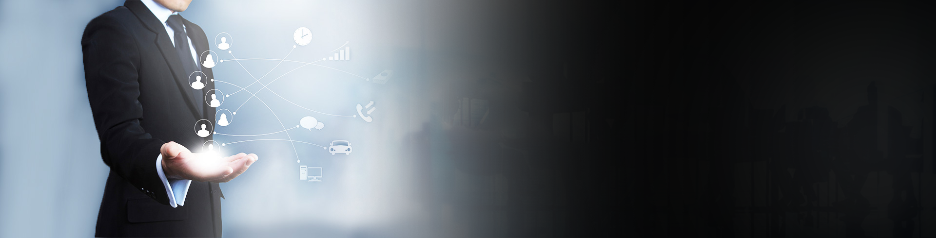 a banner image showing an open hand with connected icons like users, cars, mobiles, and a globe, representing global connectivity and solutions.