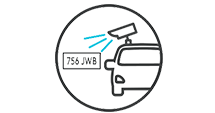 an icon of a half car with a camera on top and a number plate on the side, representing optical character recognition for anpr.