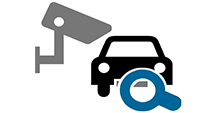 an icon of a car with a magnifying glass on the license plate and a camera on the side, representing plate localization for anpr systems.