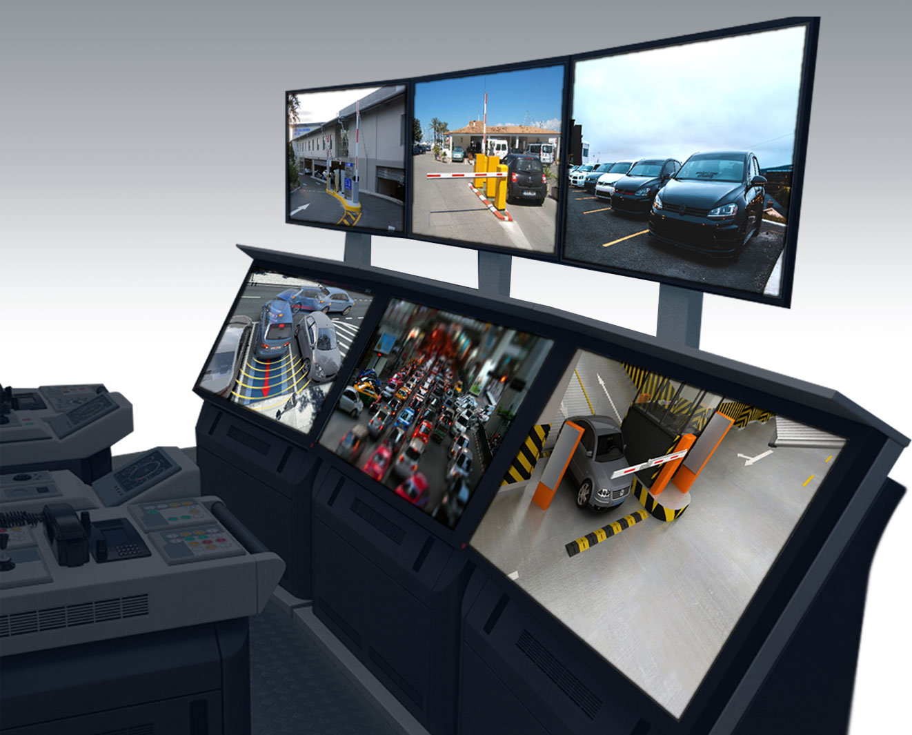 workstation with multiple monitors, each screen displaying live feeds of different vehicles and their license plates for monitoring purposes.