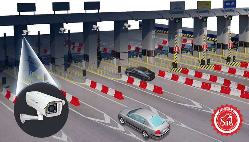 a toll collection area with multiple lanes, each equipped with titanhz anpr cameras for automated license plate recognition.