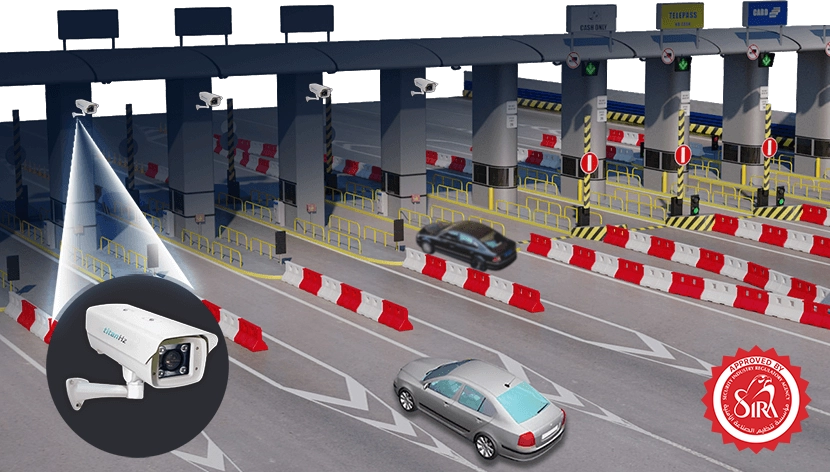 a toll collection area with multiple lanes, each equipped with titanhz anpr cameras for automated license plate recognition.