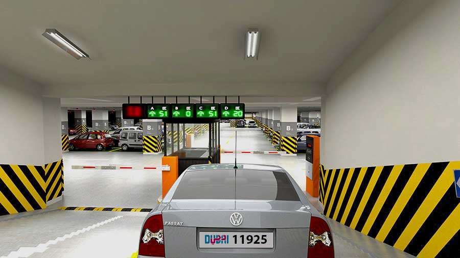 image of a car entering an indoor parking area from a back view, with a toll system in front scanning the license plate and opening the barrier.
