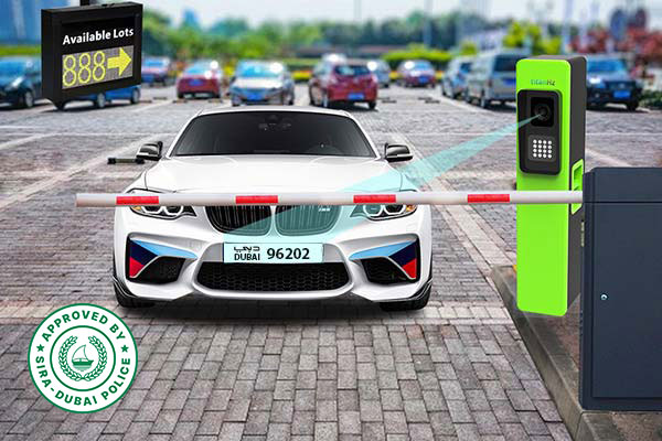 a car entering a parking zone with a boom barrier opening, an anpr camera scanning the license plate, and a digital parking display