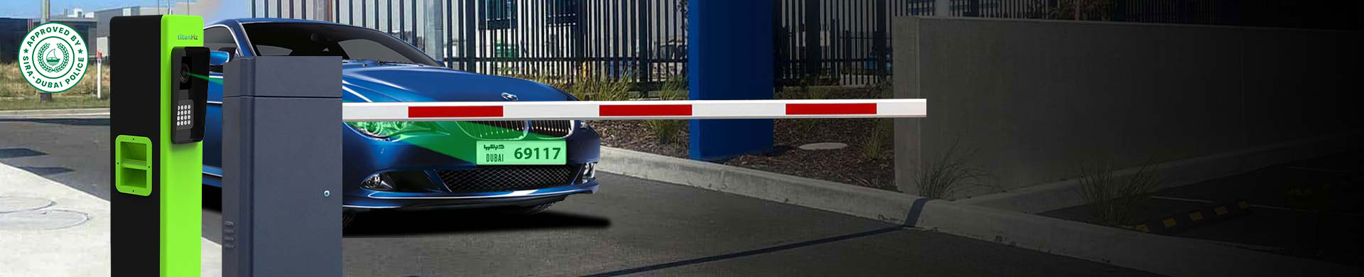 a car entering a parking zone with a boom barrier opening and an anpr camera scanning the license plate for pay parking solutions.