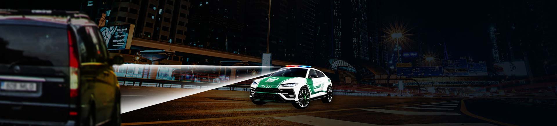 a dubai police car with a siren on top, parked near a normal car, showcasing anpr monitoring solutions for police patrol vehicles.