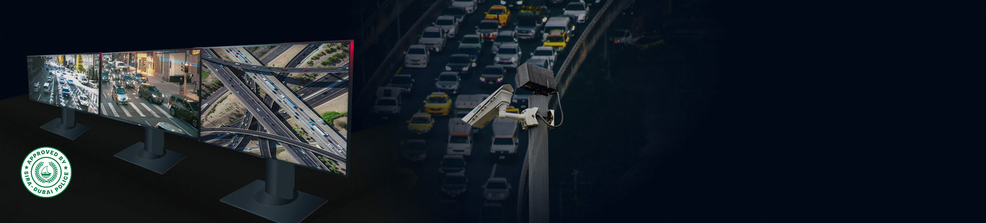 a banner image with multiple computer screens, a highway in the background, and a camera monitoring traffic for anpr solutions.