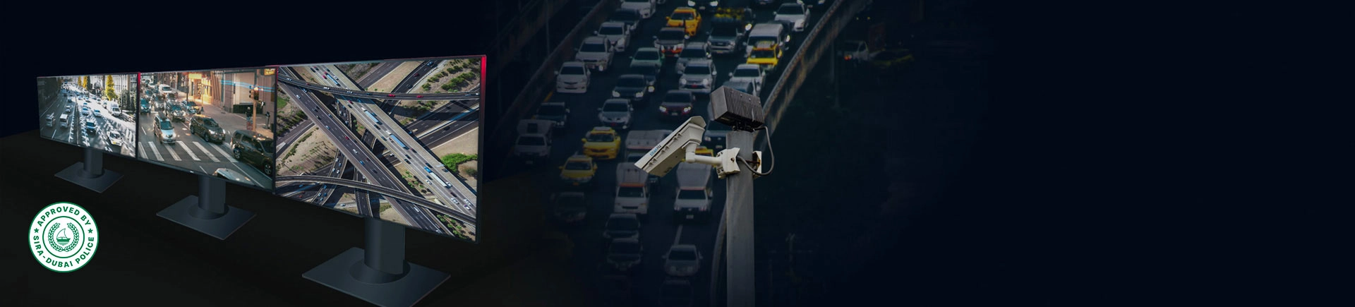 a banner image with multiple computer screens, a highway in the background, and a camera monitoring traffic for anpr solutions.